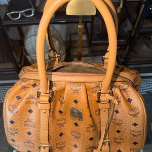 MCM Tan Visetos Logo Satchel with Gold Hardware